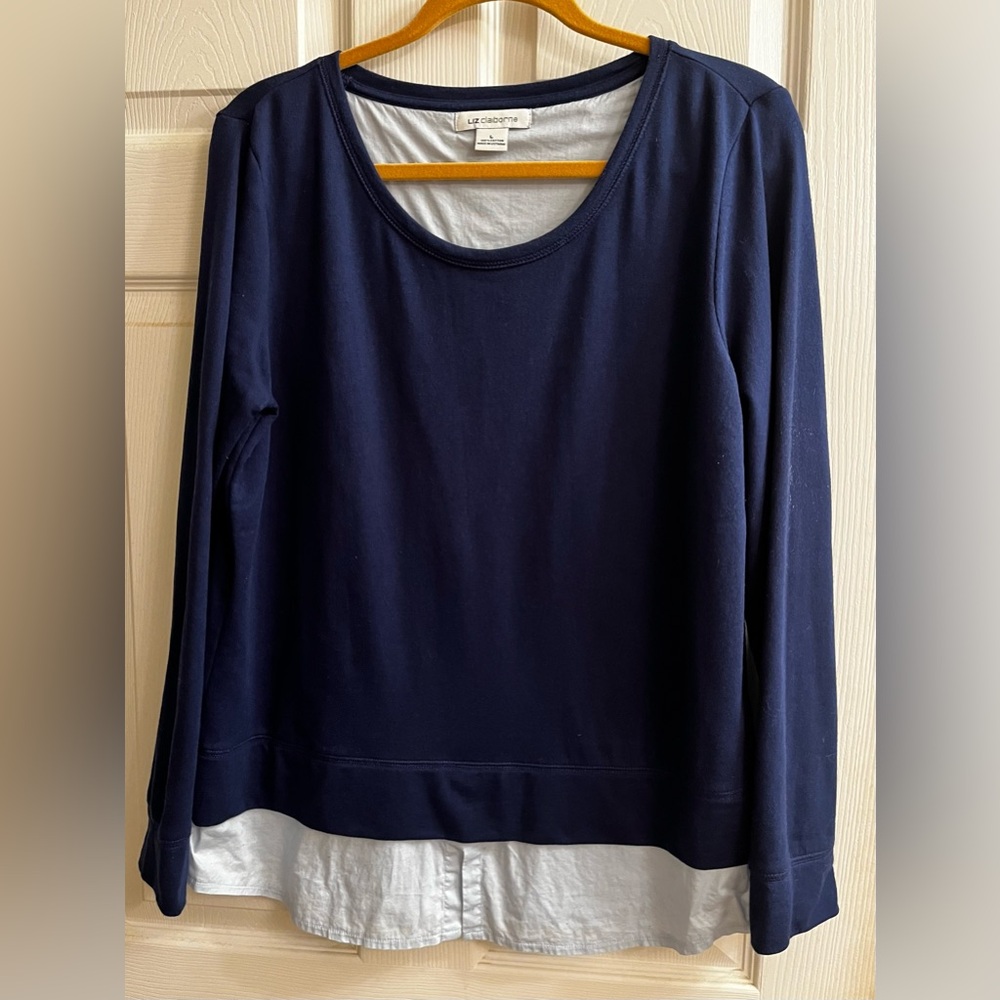 Liz Claiborne~Navy ~Blue Long Sleeve Top with  light blue Layer~Lg - Picture 9 of 9